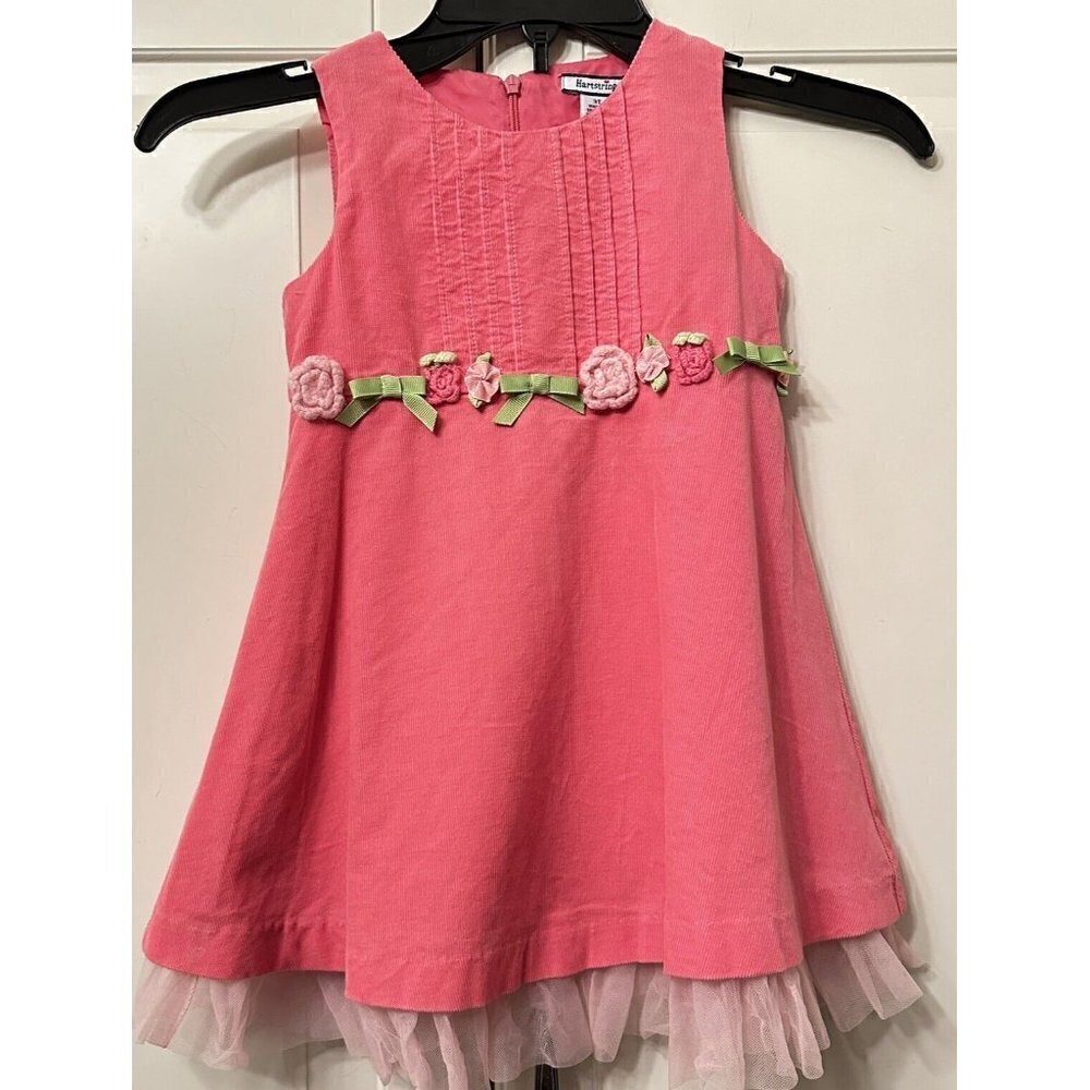 Hartstrings Pink Dress Girls 3T Fine Corduroy Tulle Flowers